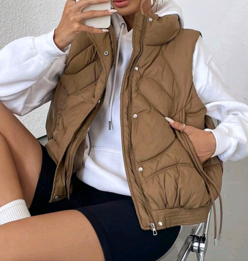 Women's Wind Resistant High Collar Drawstring Short Vest Jacket - Picture 3 of 4